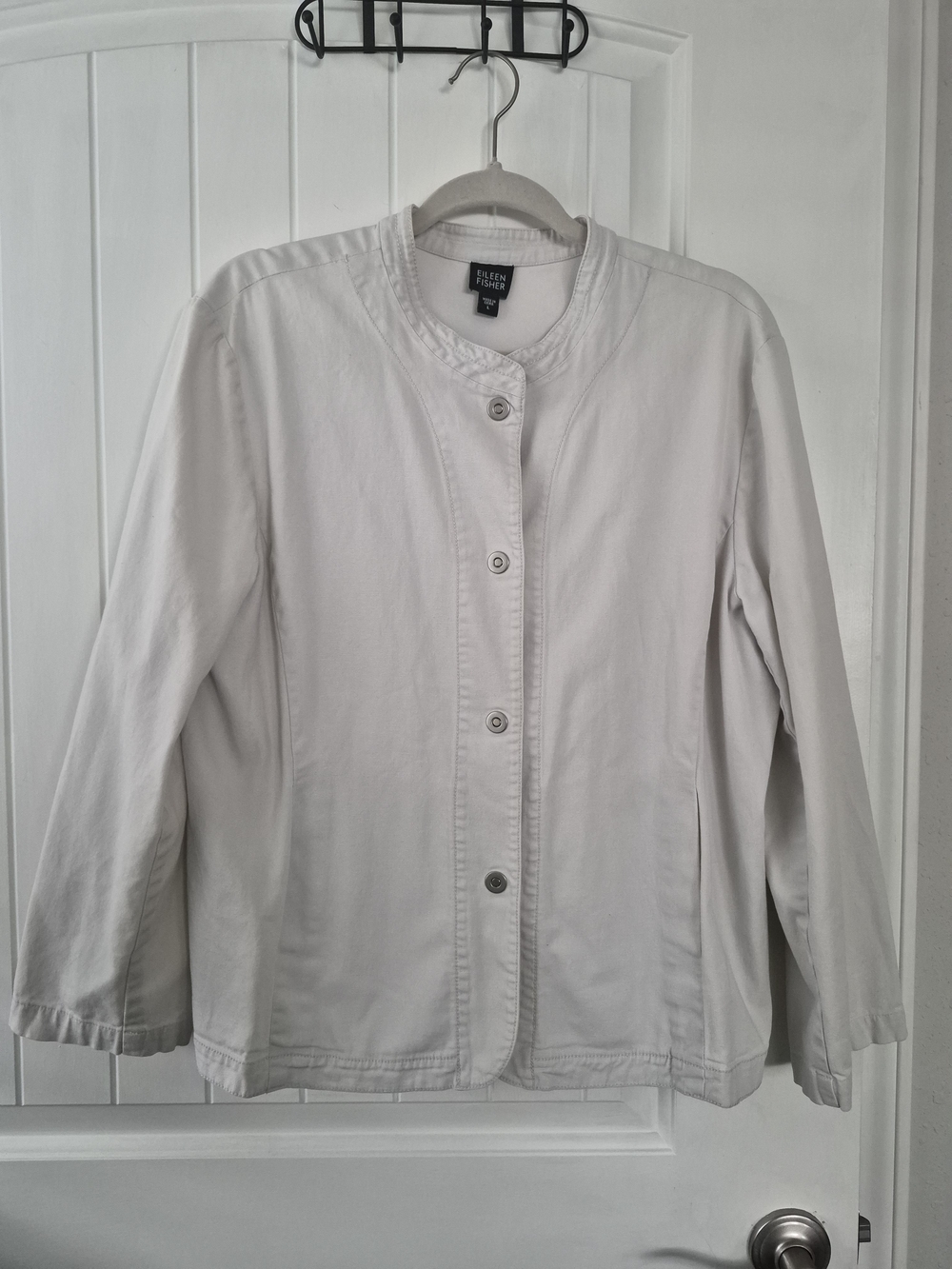 Eileen Fisher Off White Stretch Cotton Snap Front Collarless Jacket Large L